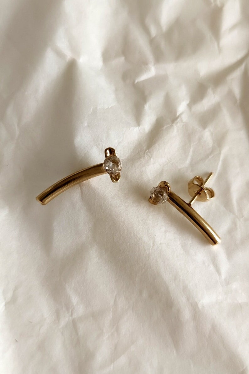 Ear Crawler, Ear Climber Earrings, Gold Stud Earrings, Minimalist Gold Earrings, Geometric Earrings, Gemstone Earrings, Curved Bar Earrings image 2