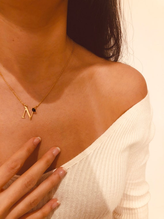 Gemstone Letter Necklace Gold Plated Name Necklace Gold Letter Necklace Monogram Necklace Israeli Jewelry Personalized Necklace