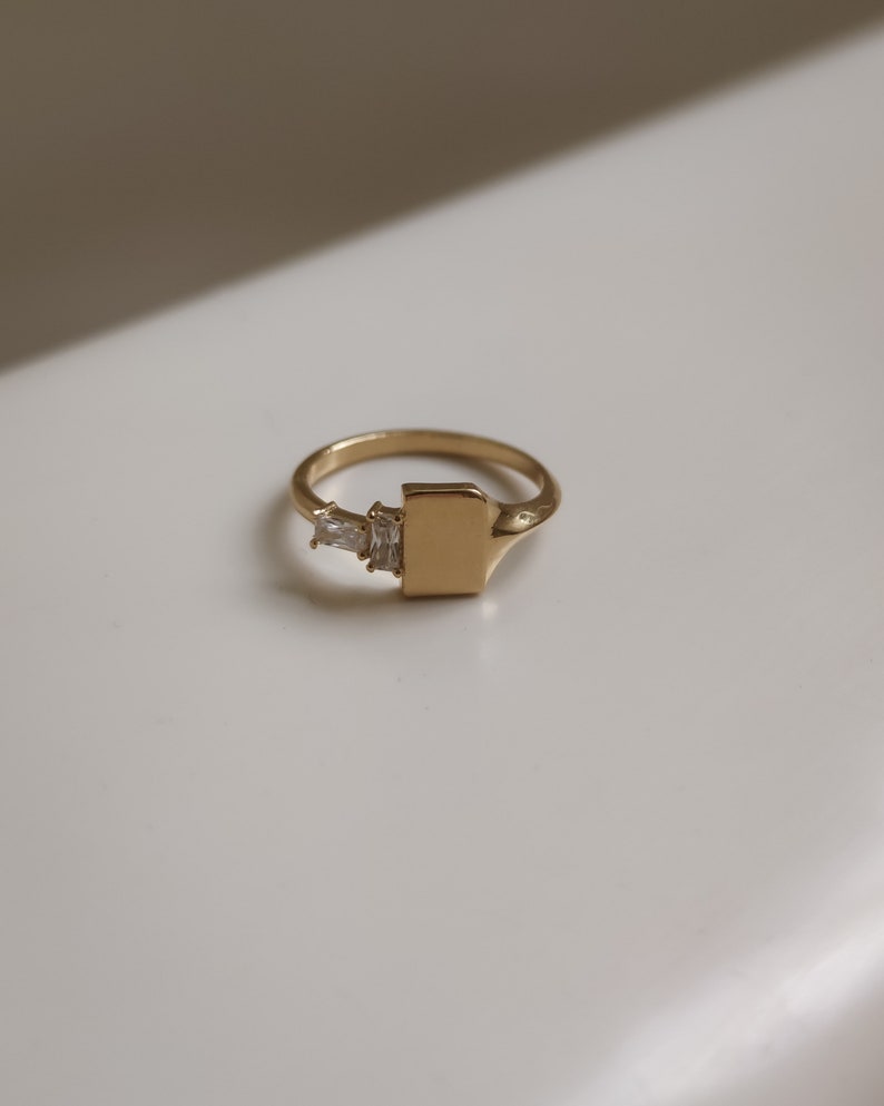 Square Signet Ring with Natural Diamonds, 14K Solid Yellow Gold Ring, Handmade Statement Ring, Dainty Baguette Ring, Stand With ISRAEL image 6