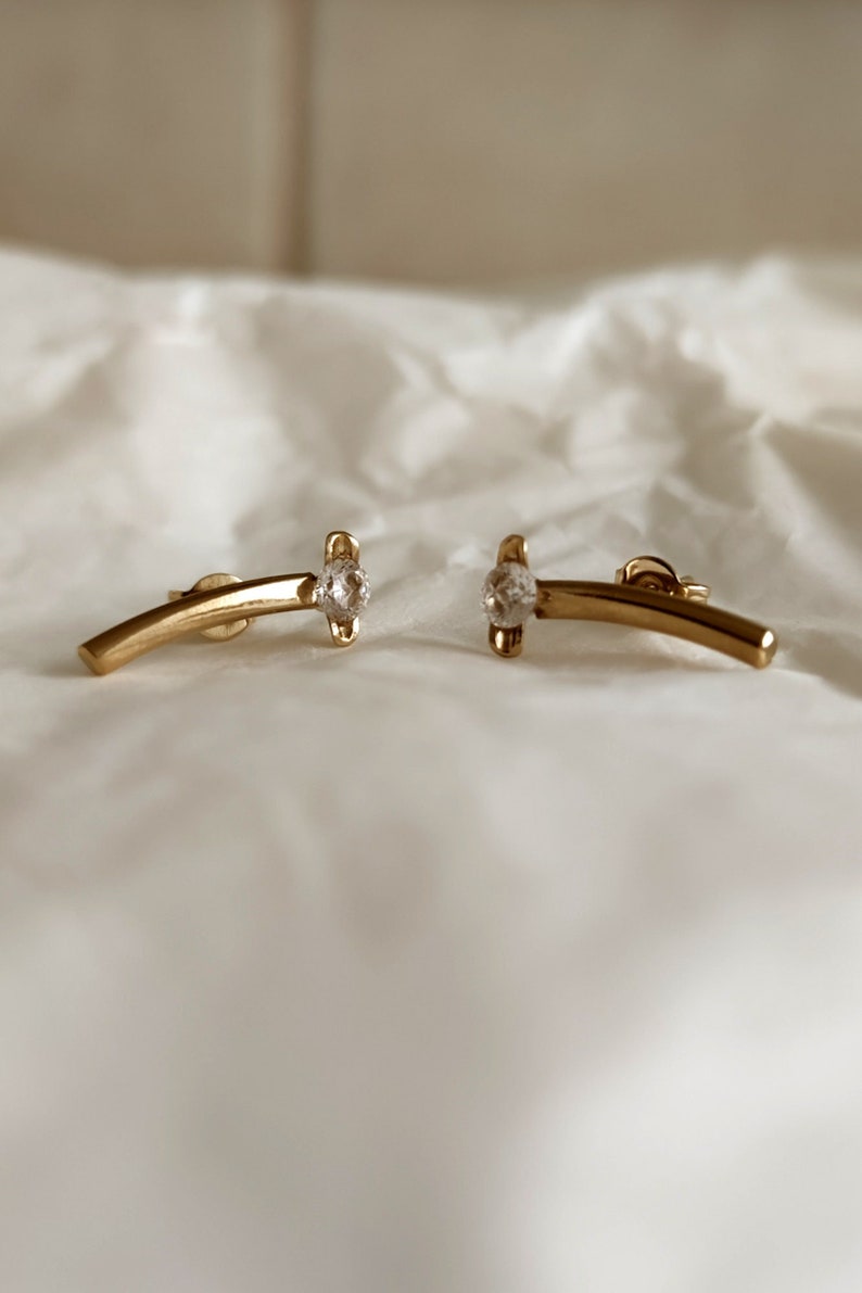 Ear Crawler, Ear Climber Earrings, Gold Stud Earrings, Minimalist Gold Earrings, Geometric Earrings, Gemstone Earrings, Curved Bar Earrings image 1