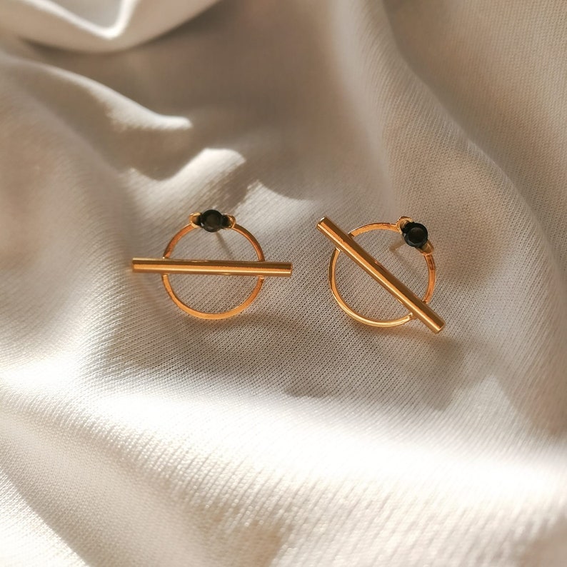 Gold Stud Earrings, Geometric Earrings, Minimalist Gold Earrings, Black Stone Earrings, Israeli Jewelry, Gold Plated Earrings Black and Gold image 2