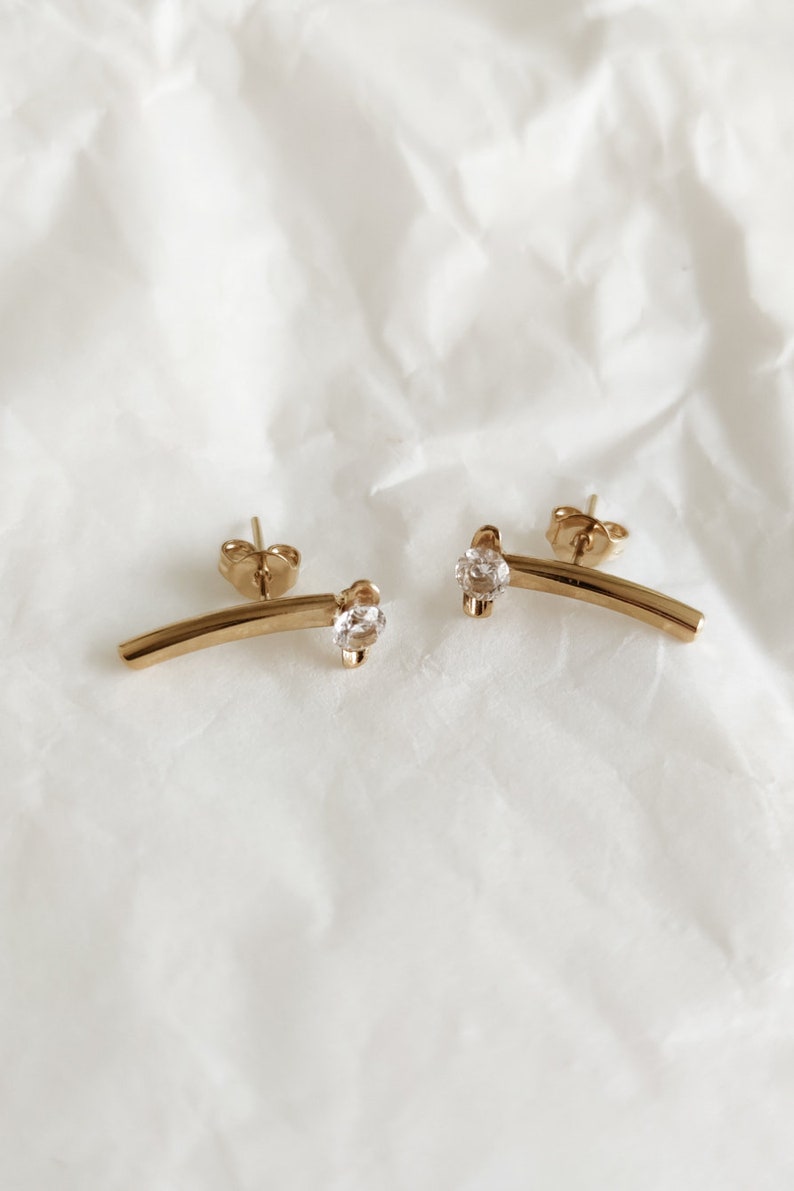 Ear Crawler, Ear Climber Earrings, Gold Stud Earrings, Minimalist Gold Earrings, Geometric Earrings, Gemstone Earrings, Curved Bar Earrings image 4