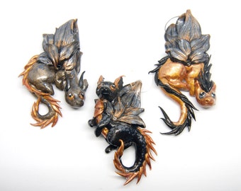 Black, silver and golden dragons pendants necklaces
