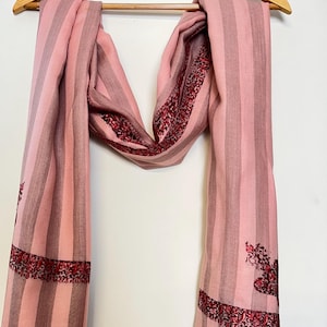 Petal Pink & Taupe Cashmere Shawl – Hand-Embroidered Ethical Super Soft, Light Pashmina Wrap