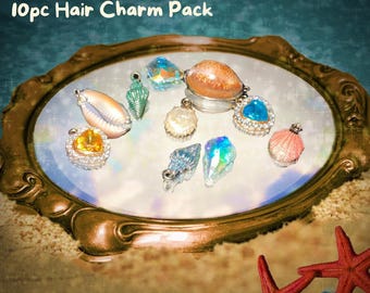 10pc Beach,mermaid,shells,gems,sparkle,ocean themed Hair Charm pack for festival braids,rave,edm or birthday party!