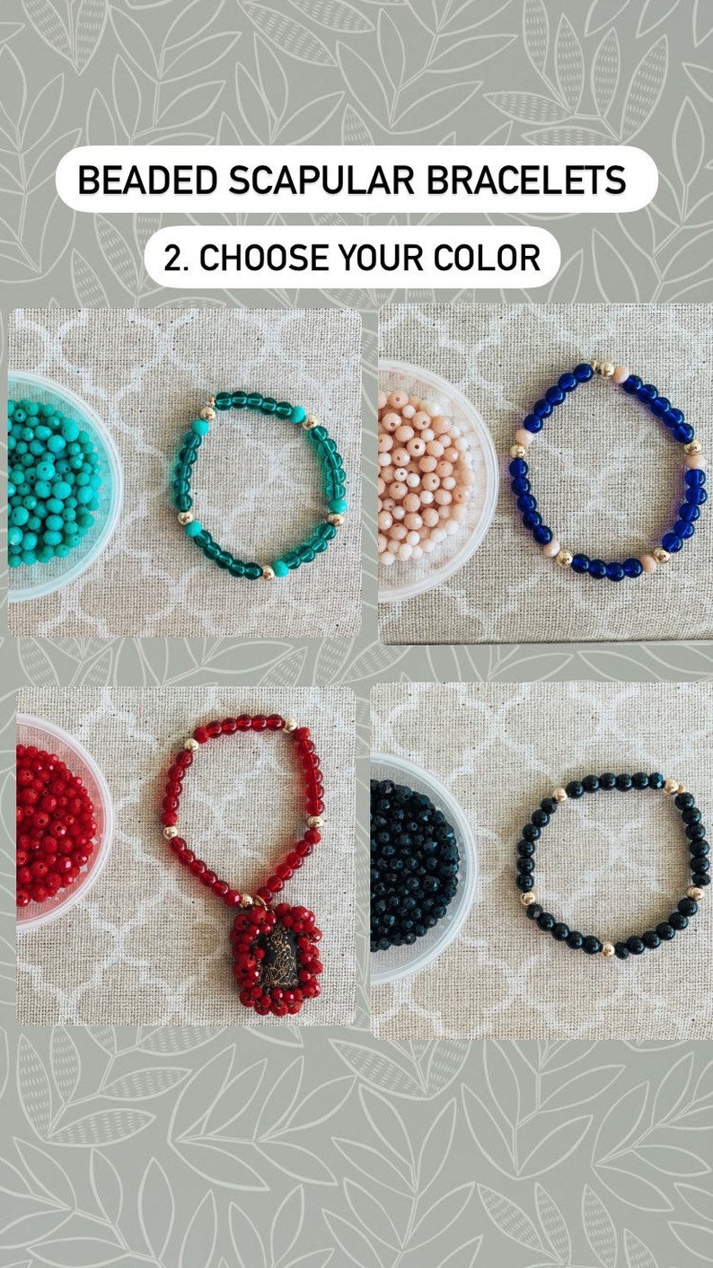 May include: A selection of beaded scapular bracelets in various colors, including turquoise, peach, blue, red, and black. The image text reads "Beaded Scapular Bracelets" and "2. Choose Your Color".