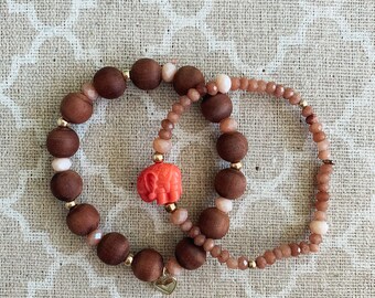 Personalized Stacking Bracelet Set, Elephant Bracelet, Wood Bracelet, Jade Bracelet