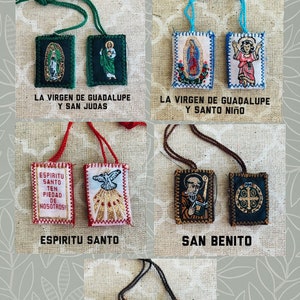 May include: A set of five different beaded scapular bracelets. Each bracelet features two small, rectangular fabric charms with religious imagery. The charms are attached to a beaded cord. The charms include images of the Virgin of Guadalupe, San Judas, Santo Ni&ntilde;o, Espiritu Santo, San Benito, and Virgen del Carmen.