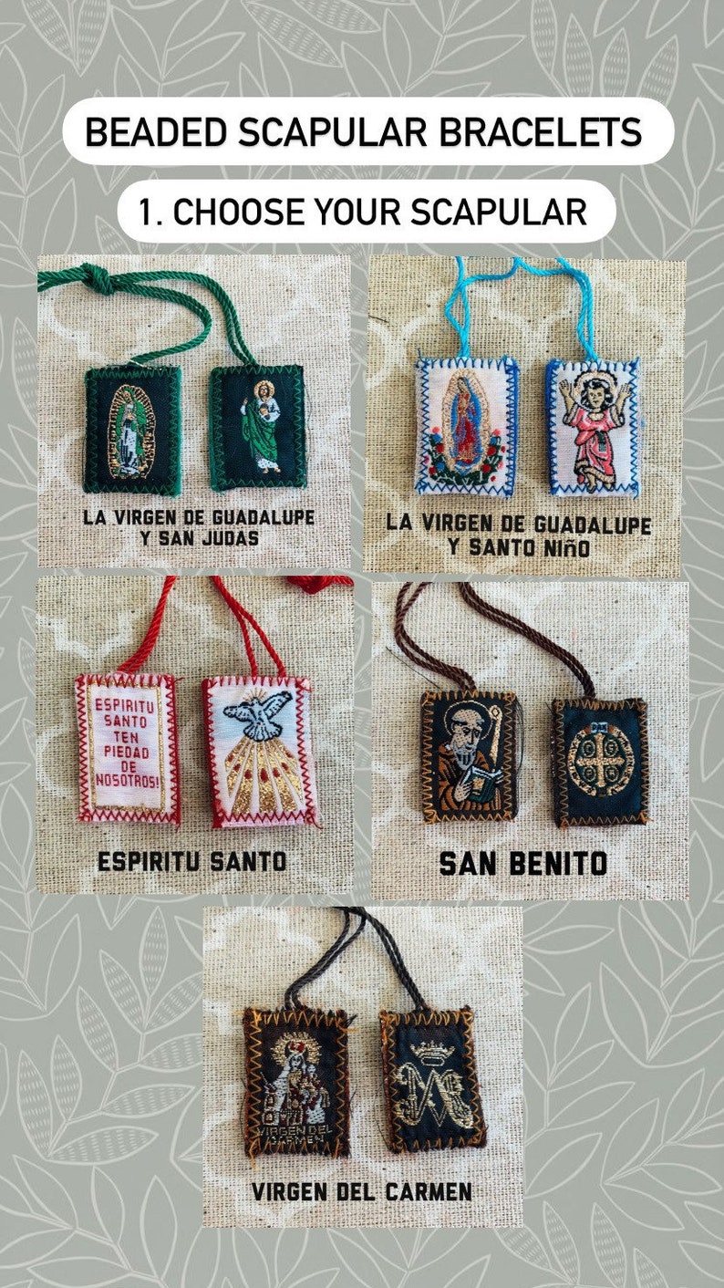 May include: A set of five different beaded scapular bracelets. Each bracelet features two small, rectangular fabric charms with religious imagery. The charms are attached to a beaded cord. The charms include images of the Virgin of Guadalupe, San Judas, Santo Ni&ntilde;o, Espiritu Santo, San Benito, and Virgen del Carmen.