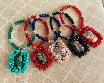 Scapular Beaded Bracelet, Escapulario Bordado, San Benito, Virgen del Carmen, San Judas, Espíritu Santo, Santo Niño