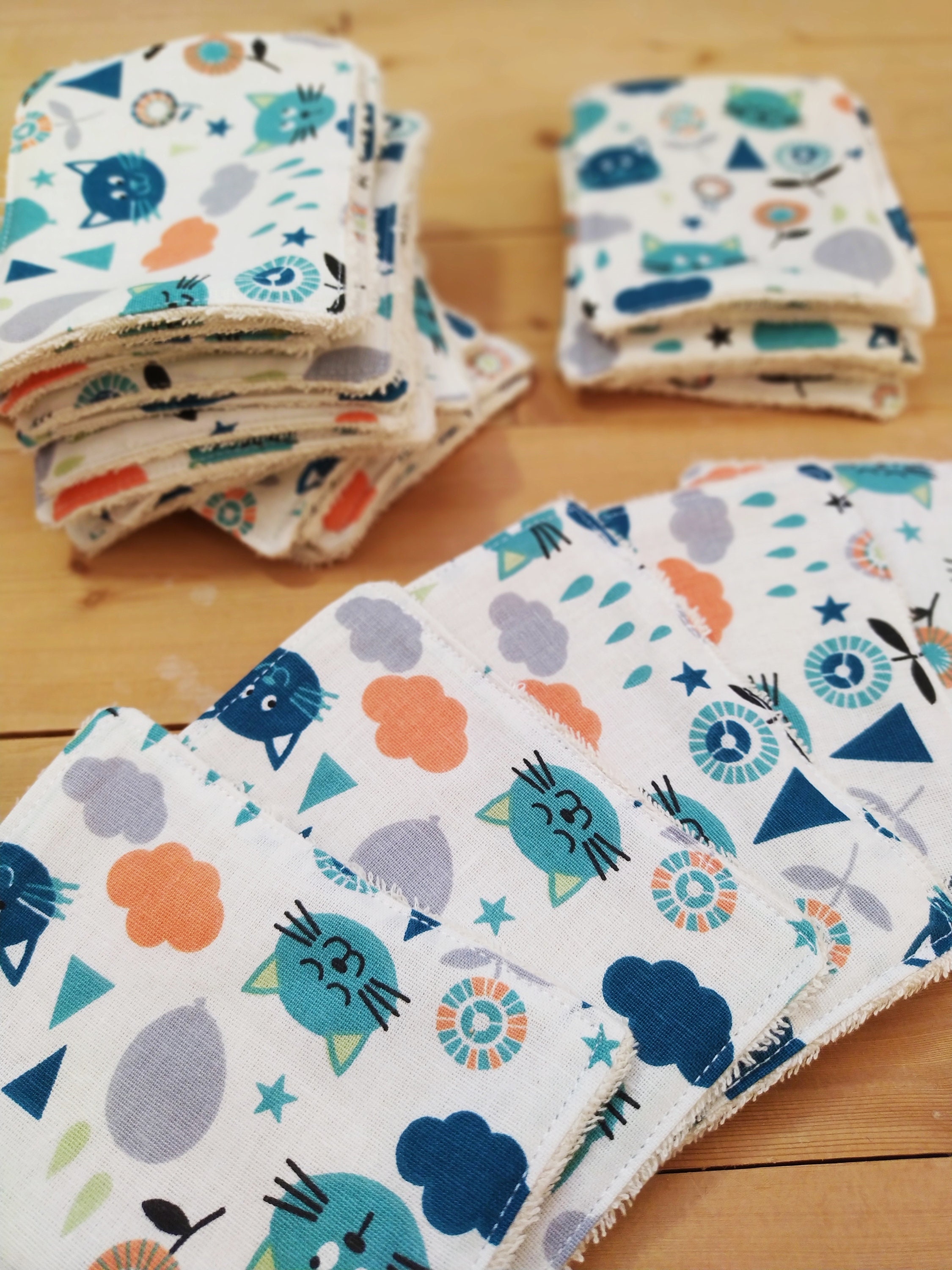 26 Lingettes Lavables, Carré Démaquillant, Lingette Visage, Coton Soin Bébé, Jersey Bambou, Chat, Bl