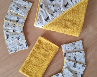 Birth kit, bath exit, bath cape, washcloth, washable wipes, baby care, baby bath, birth gift, animal mustard