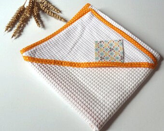 Bathrobe, bath cape, honeycomb, baby care, baby bath, "Bulles Oranger" birth gift