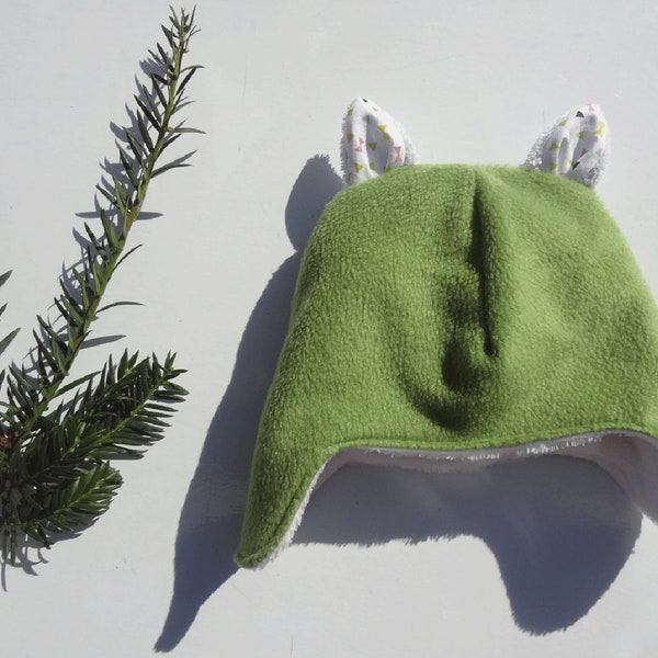 Bonnet bébé, enfant, nouveau-né, chapka, chapeau hiver, oreilles, ours, polaire, doudou, vert, blanc