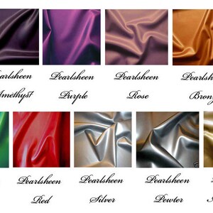 May include: A collection of fabric swatches in various colors, including blue, amethyst, purple, rose, bronze, gold, emerald, red, silver, pewter, and antique gold. Each swatch is labeled with the word "Pearlsheen" and the color name.