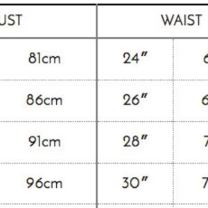 May include: A size chart with measurements for bust, waist, and hips in inches and centimeters. Sizes range from XS to L, with corresponding UK sizes. Bust measurements range from 32" (81cm) to 38" (96cm), waist from 24" (61cm) to 30" (76cm), and hips from 34" (86cm) to 40" (102cm).