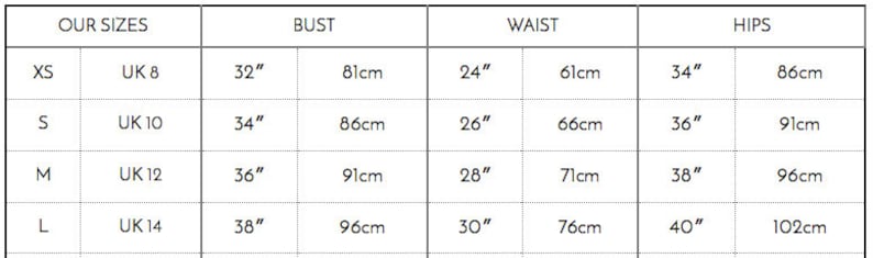 May include: A size chart with measurements for bust, waist, and hips in inches and centimeters. Sizes range from XS to L, with corresponding UK sizes. Bust measurements range from 32" (81cm) to 38" (96cm), waist from 24" (61cm) to 30" (76cm), and hips from 34" (86cm) to 40" (102cm).
