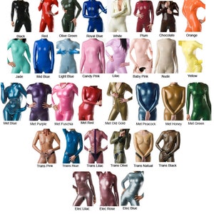 May include: A grid of latex bodysuits in various colors, including black, red, and olive green. Other colors include royal blue, white, plum, chocolate, and orange. Additional colors are jade, mid blue, light blue, candy pink, lilac, baby pink, nude, and yellow.