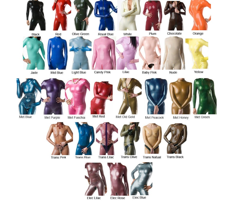 May include: A grid of latex bodysuits in various colors, including black, red, and olive green. Other colors include royal blue, white, plum, chocolate, and orange. Additional colors are jade, mid blue, light blue, candy pink, lilac, baby pink, nude, and yellow.