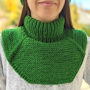 Può includere: Un collo a scialle di lana verde. Il collo è realizzato in un filato morbido e testurizzato e ha un design semplice e classico.