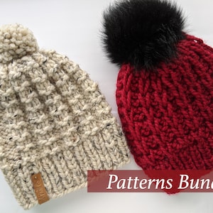 May include: Two knitted hats with pom poms. One hat is cream with a white pom pom and the other is red with a black pom pom. The hats are on a white surface with the text "Patterns Bundle" below them.