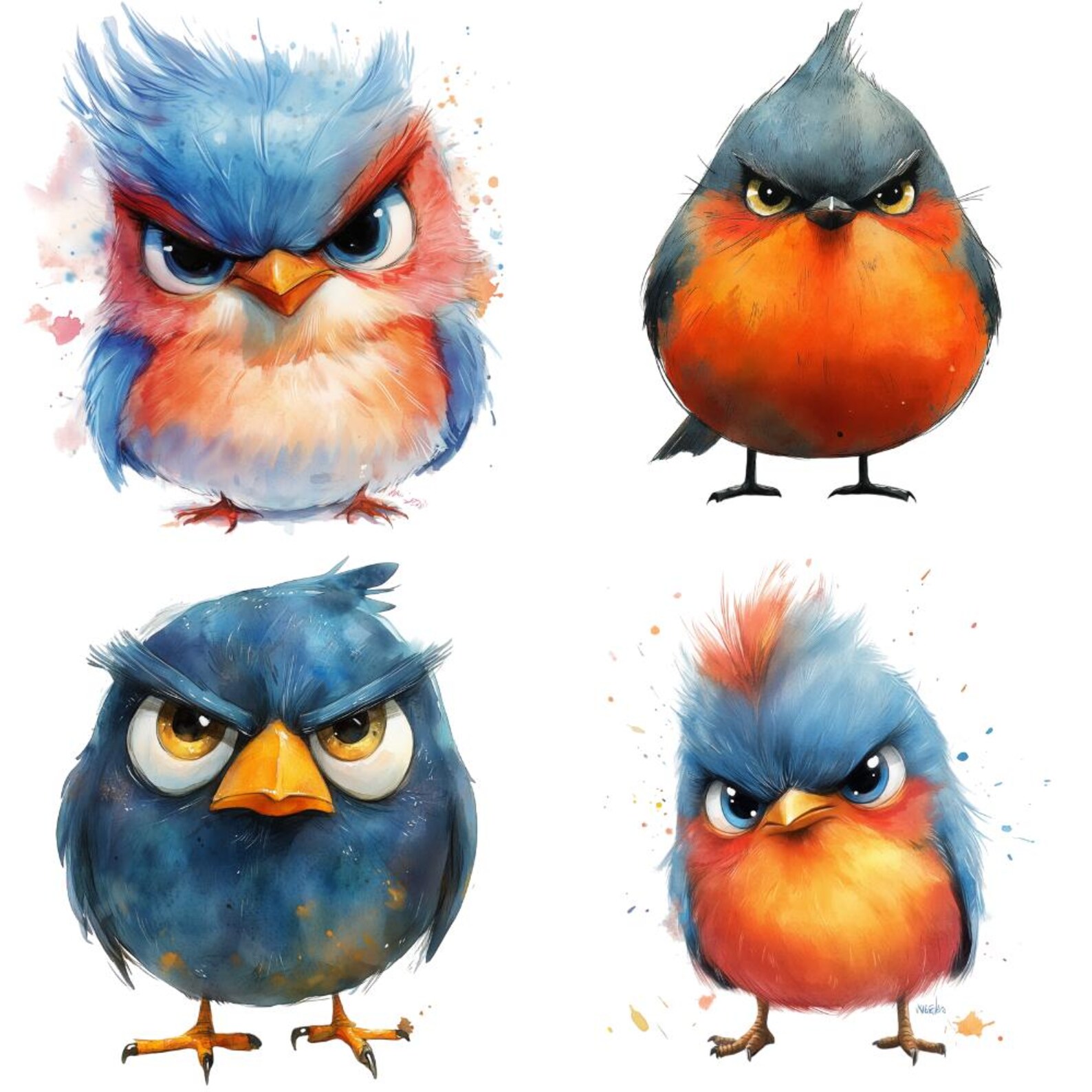 20 Grumpy Birds Watercolor Clipart PNG. Digital Download, Junk Journals ...