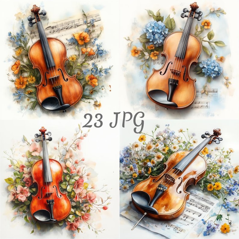 23 Violin and Flowers Watercolor Clipart JPG, Digital Download, Junk ...