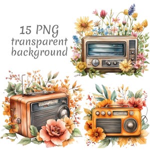 15 Vintage radio and flowers watercolor clipart PNG. Digital Download, junk journals, transparent background, high quality, scrapbooking