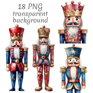 May include: Watercolor illustration of four toy nutcrackers in various poses. Each nutcracker is painted in red, blue, and gold with a crown and a white beard. The text "18 PNG transparent background" is at the top.