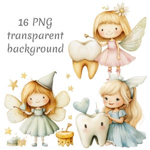 16 Clipart PNG della Fatina dei Denti. Download digitale, diari spazzatura, sfondo trasparente, carta digitale, clipart acquerello