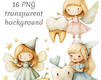 16 Tooth Fairy Clipart PNG.  Digital Download, junk journals, transparent background, Digital Paper Craft, Watercolor clipart