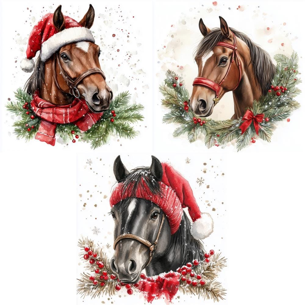 19 Christmas Horse Watercolor Clipart JPG, Digital Download, Junk ...