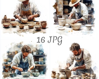May include: Watercolor illustrations of a potter at work, creating ceramic bowls and vases. The artist wears a straw hat and apron, surrounded by pottery. The image includes the text "16 JPG".