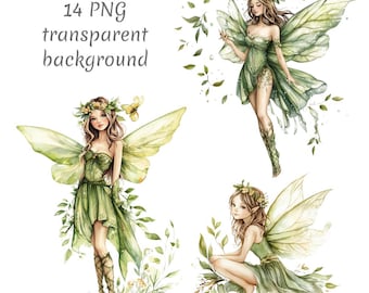 14 Forest Fairy Clipart PNG. Green Fairy clipart, Digital Download, junk journals, transparent background, Digital Paper Craft, Watercolor