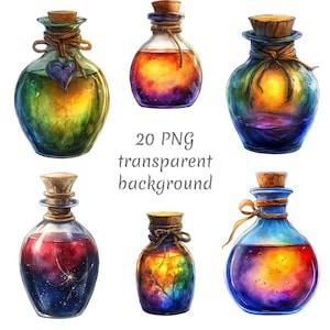 Puede incluir: Seis botellas de vidrio con tapones de corcho y líquido colorido en su interior. Las botellas tienen un diseño galáctico con colores giratorios de azul, verde, rojo, naranja y amarillo. Las botellas están sobre un fondo blanco.