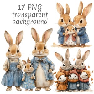 17 Clipart aquarelle de famille de lapins de dessins animés PNG. Téléchargement numérique, journaux indésirables, fond transparent, scrapbooking de haute qualité, fabrication de cartes