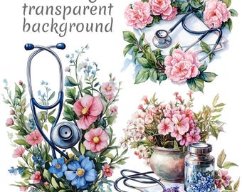 16 Clipart PNG con stetoscopio e fiori. Download digitale, diari spazzatura, sfondo trasparente, alta qualità per scrapbooking e creazione di biglietti.
