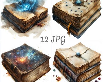 12 clipart de livro mágico antigo JPG, clipart de aquarela de livro místico, download digital, diários de lixo, artesanato em papel digital, criação de cartões, clip art