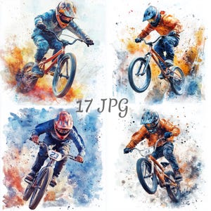 17 BMX rider Clipart Set JPG, téléchargement numérique, journaux indésirables, créations en papier, aquarelle, fabrication de cartes, scrapbooking