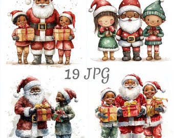 May include: Watercolor illustrations of Santa Claus with children, all wearing festive red and green outfits. Each figure holds a wrapped gift box. The image includes the text "19 JPG".