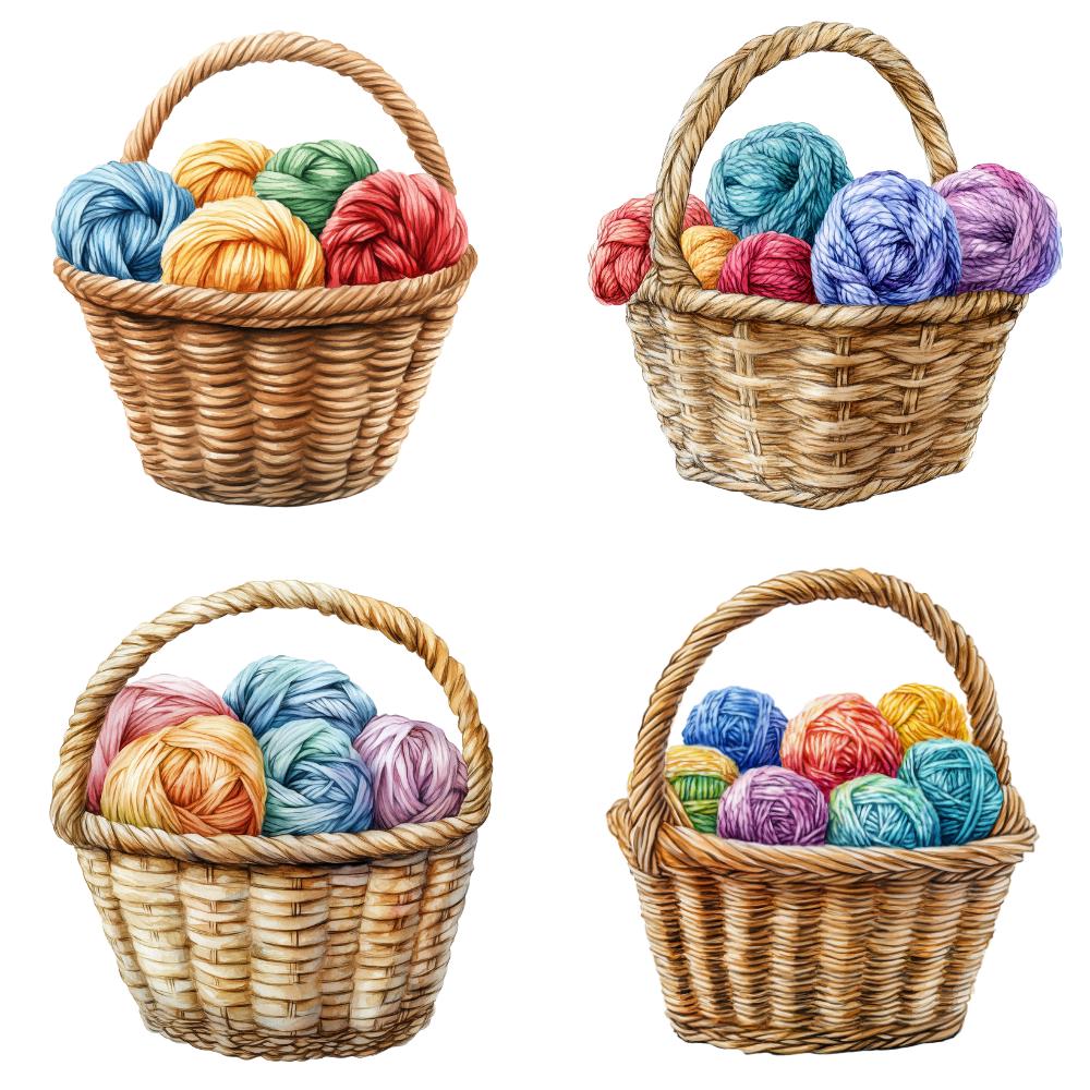 12 Watercolor Yarn Basket Clipart PNG – Cozy Knitting & Crochet ...