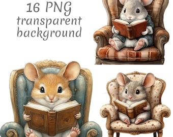 16 clipart aquarelle souris lecture PNG, téléchargement numérique, journaux indésirables, créations en papier, aquarelle, fabrication de cartes, clipart
