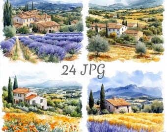 24 imágenes prediseñadas de acuarela de paisajes provenzales en formato JPG, descarga digital, revistas basura, manualidades de papel, acuarela, creación de tarjetas, imágenes prediseñadas, álbumes de recortes