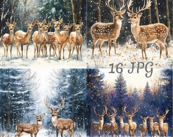 雪の森の鹿16頭のクリップアート JPG、動物のクリップアート、デジタルダウンロード、ジャンクジャーナル、ペーパークラフト、水彩画、カード作り、クリップアート