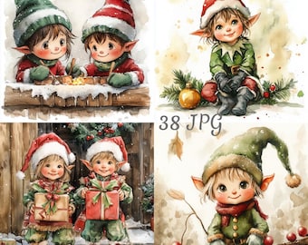 38 Elfy świąteczne akwarela clipart JPG, Pobieranie cyfrowe, Dzienniki śmieci, Rękodzieło papierowe, Tworzenie kartek, Clipart, Scrapbooking