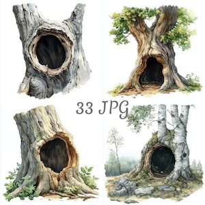 May include: Watercolor illustrations of tree trunks with hollowed-out centers. The images showcase various tree species, each with unique textures and colors, including shades of gray, brown, and green. The text "33 JPG" is visible in the center.