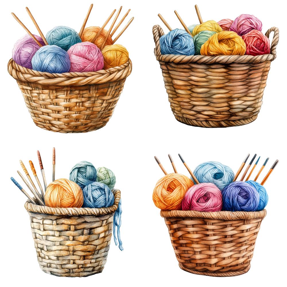 12 Watercolor Yarn Basket Clipart PNG – Cozy Knitting & Crochet ...