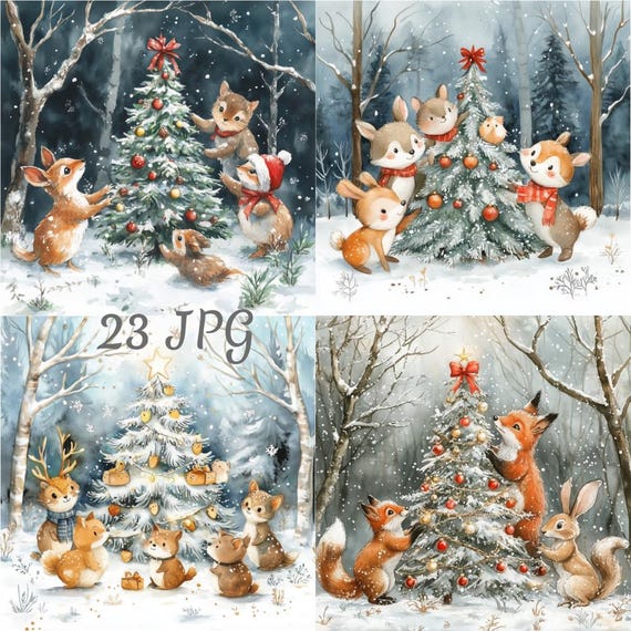 23 Woodland Animals Decorating Christmas tree JPG, Digital Download, Junk Journals, Paper Craft, Card Making, Clip Art, Scrapbooking