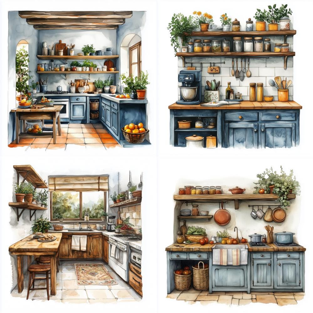 20 Cozy Kitchen Watercolor Clipart Set JPG, Digital Download, Junk ...