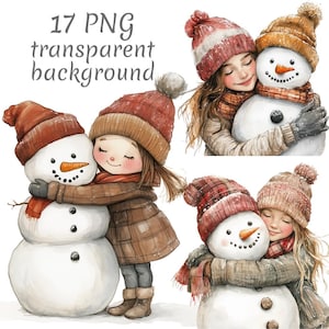 17 Fille câlinant bonhomme de neige Noël aquarelle Clipart PNG. Carnets indésirables à téléchargement numérique, fond transparent, scrapbooking, fabrication de cartes